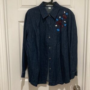 NWT Josephine Chaus SIZE 1 Dark Blue Denim Top with Beaded Flower Design